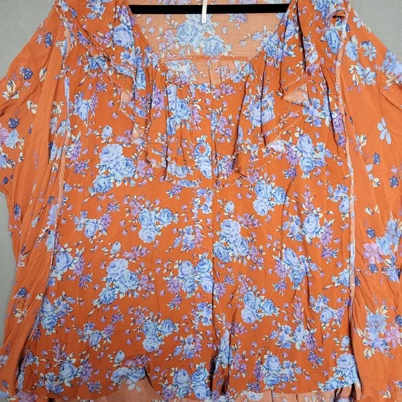 Free People Dress Women's Size M Floral Ruffle Long Sleeve Mini Orange Boho NWT - Picture 4 of 10